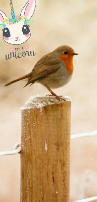 Robin on a post with unicorn art, beige background.