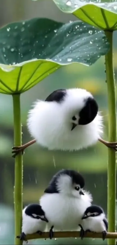 Fluffy birds resting on leafy branch in nature.