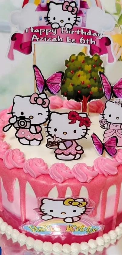 Hello Kitty pink birthday cake wallpaper with butterfly decorations.