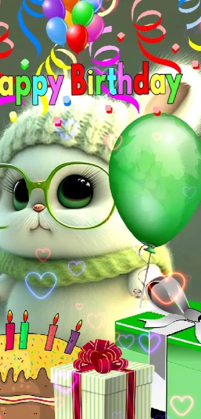 Cute birthday cat wallpaper with balloons, cake, and gifts.