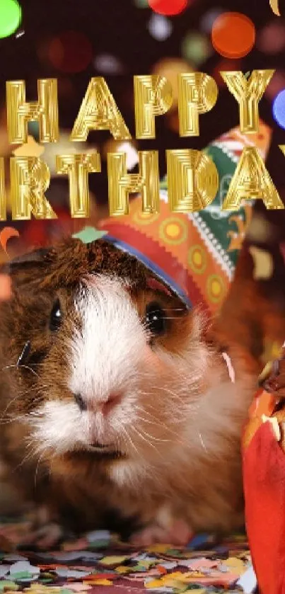 Guinea pig birthday party wallpaper with gifts and a cupcake.