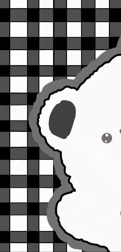 Cute bear with checkered background in monochrome style.