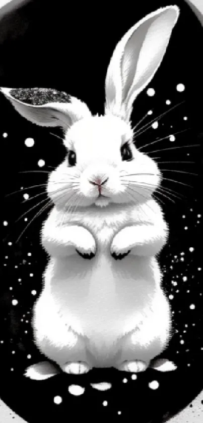 Charming black and white rabbit illustration on a mobile wallpaper background.