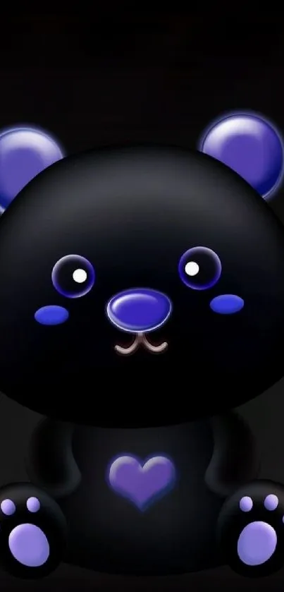 Cute cartoon black bear with purple accents on a dark background.