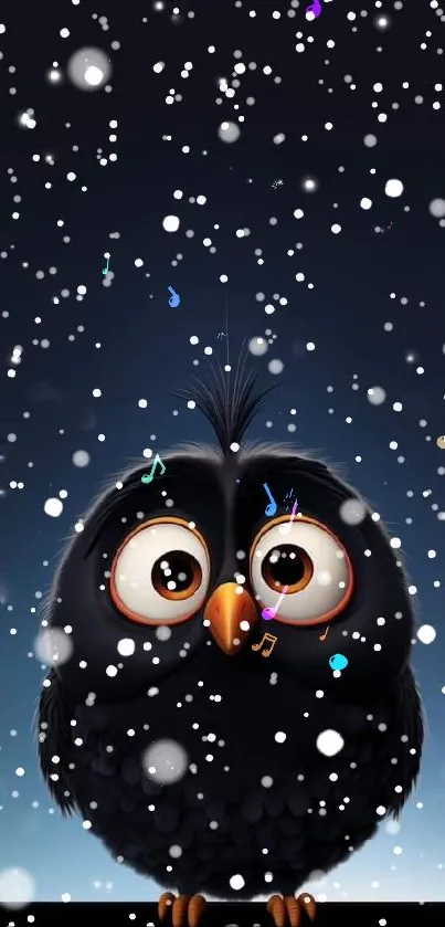 Cute black bird in falling snow with playful music notes.