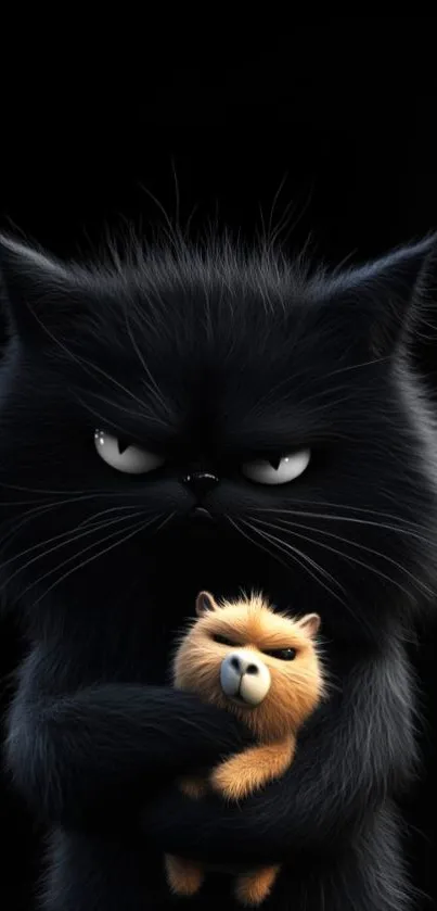 Black cartoon cat with a fluffy toy.