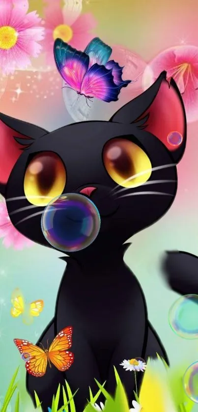 Cute cartoon black cat with colorful butterflies and flowers.