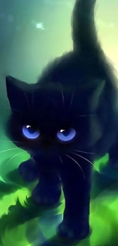 Adorable black cat with blue eyes in a mystical forest setting wallpaper.