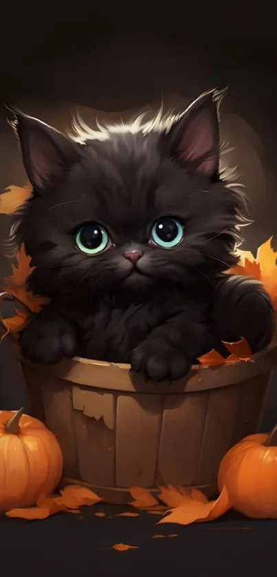 Cute black kitten in a bucket with pumpkins and autumn leaves.