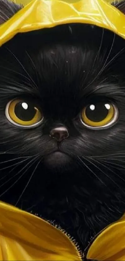 Adorable black cat wearing a yellow hoodie on mobile wallpaper.