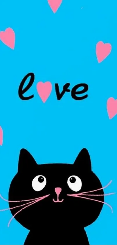 Adorable black cat with pink hearts and love text on blue background.