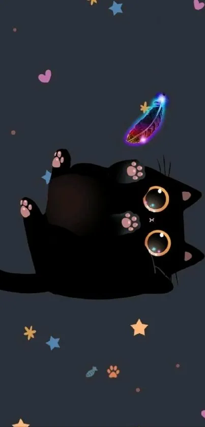 Cute black cat playfully surrounded by stars and hearts on a dark background.