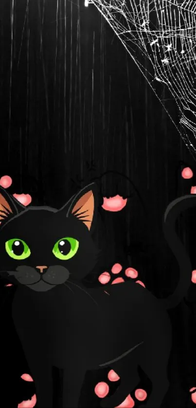Cute black cat with green eyes on dark background.