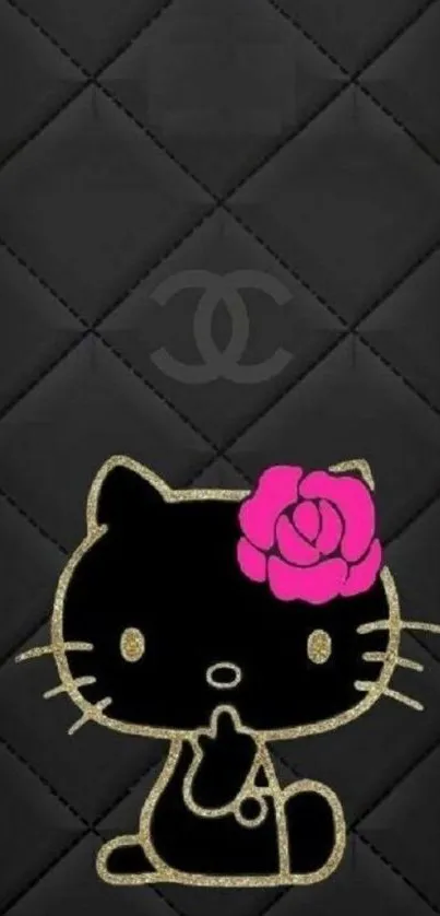 Black cat wallpaper with pink flower.