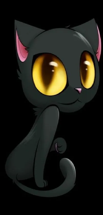 Black cartoon cat with yellow eyes on dark background.