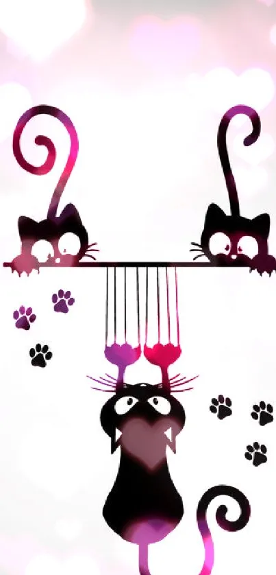 Cute black cats with whimsical tails and paw prints on a white background.