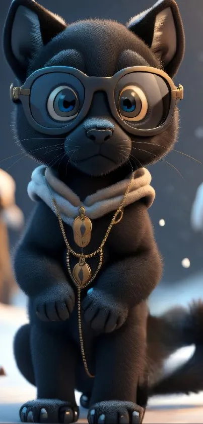 Adorable black cat in glasses with snow background.