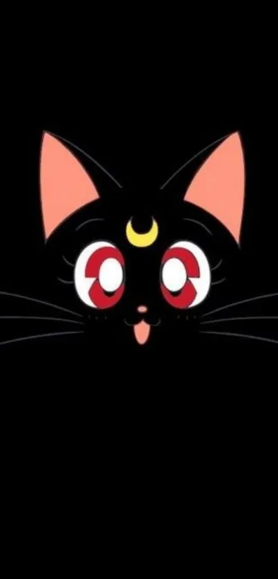 Adorable black cat with large eyes on a dark background.