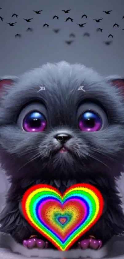 Cute black cat with rainbow heart and purple eyes on a gray background.