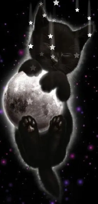 Black kitten hugs the moon in a starry night wallpaper.