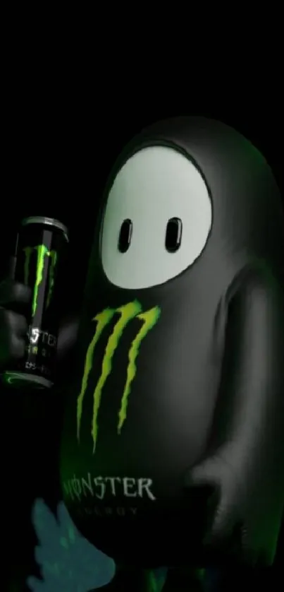 Cute character in black costume with energy drink, dark background.