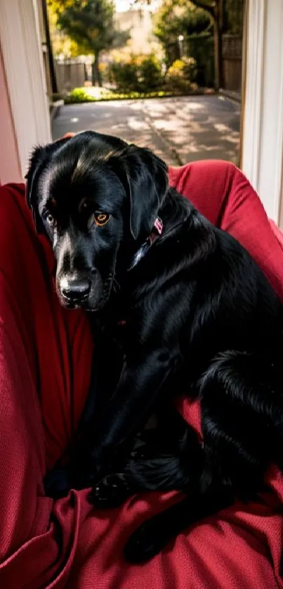 Black dog sitting on a red chair by a window.