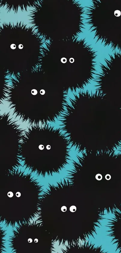 Cute black fuzzy creatures on teal background wallpaper.