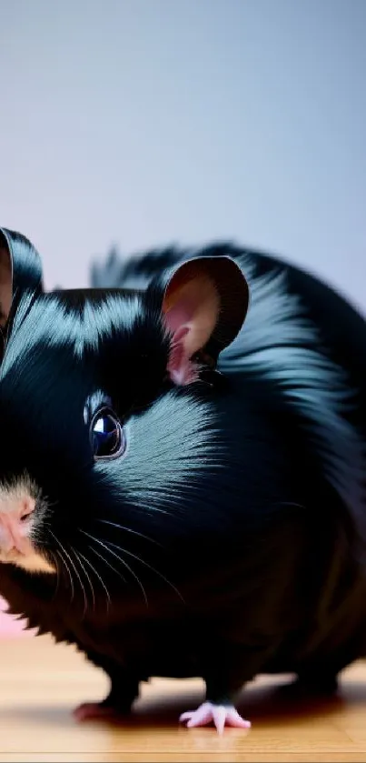 Adorable black guinea pig on a pastel gradient background.