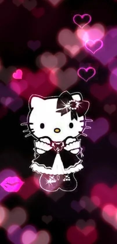 Hello Kitty in black dress with pink hearts on dark background.