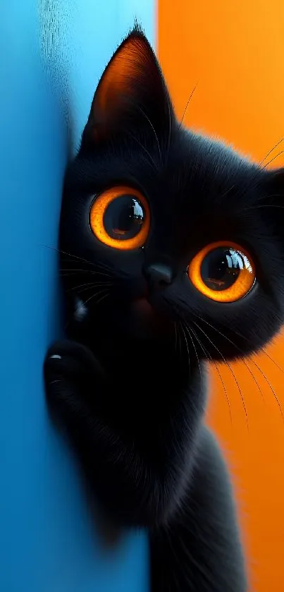 Cute black kitten with big eyes on blue and orange background.