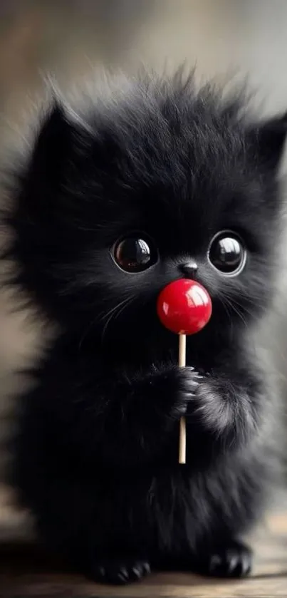 Adorable black kitten holding a red lollipop.