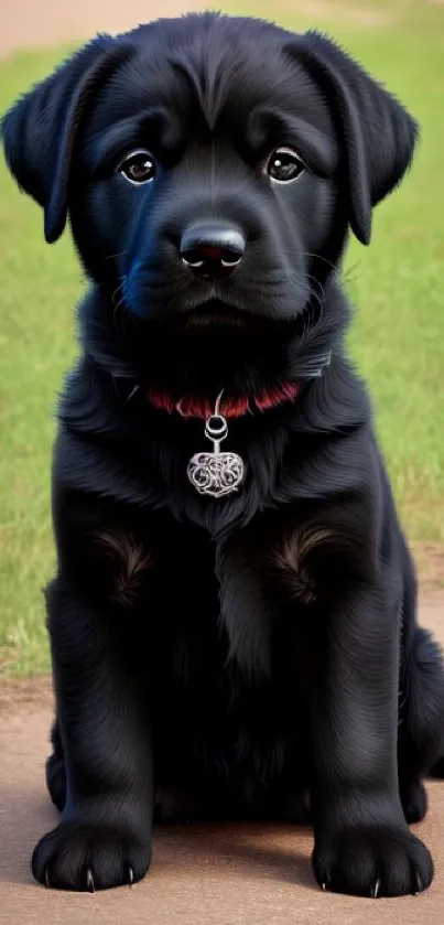 Adorable black Labrador puppy sitting on grass - perfect mobile wallpaper.