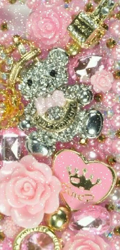 Cute bling pink phone wallpaper with roses and gems.