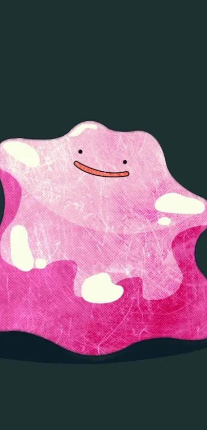 Cute pink blob monster with a smile on a dark green background.