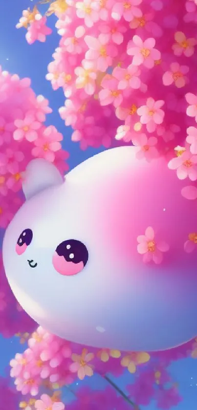 Cute character surrounded by pink cherry blossoms under a blue sky, creating a fantasy scene.