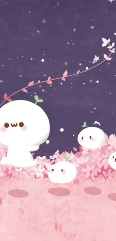 Cute white characters with pink flowers at night.