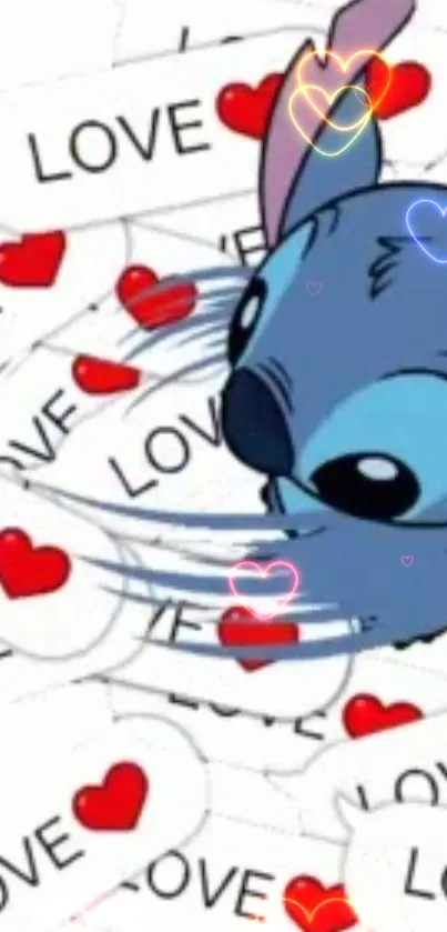 Cute blue alien with love hearts and text wallpaper.