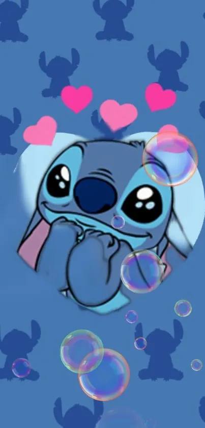 Adorable blue alien with hearts and bubbles on a blue background.