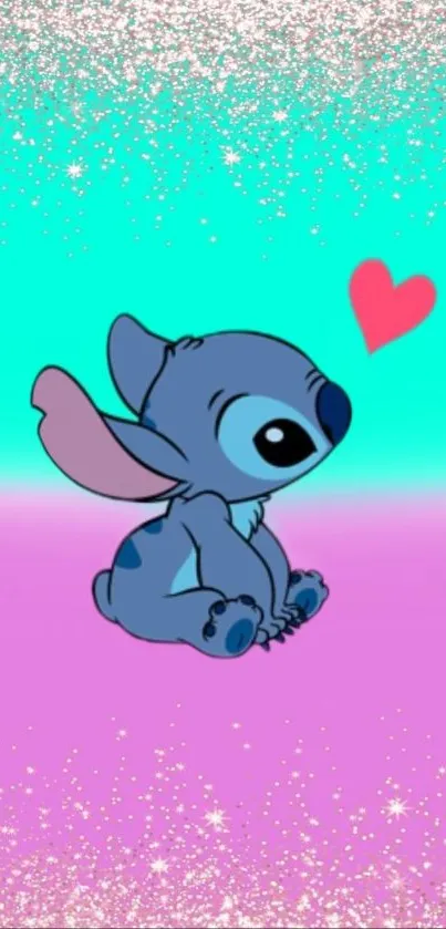 Cute blue alien with pink heart on a sparkly aqua and lavender background.