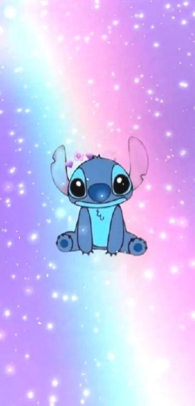 Cute blue alien on a pastel galaxy background wallpaper.