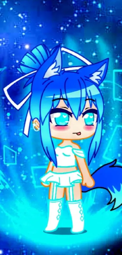 Cute blue anime character with fox ears on starry background.