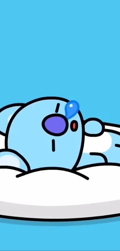 Adorable blue cartoon bear lying on a white pillow.