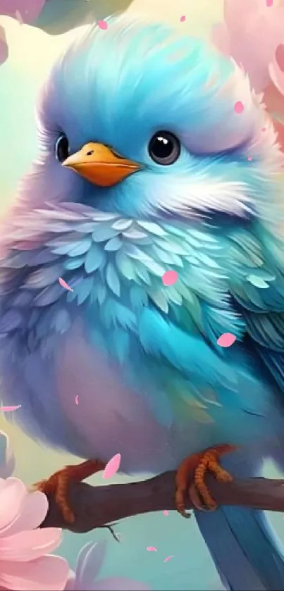 Cute illustration of a blue bird with pink flowers in the background.