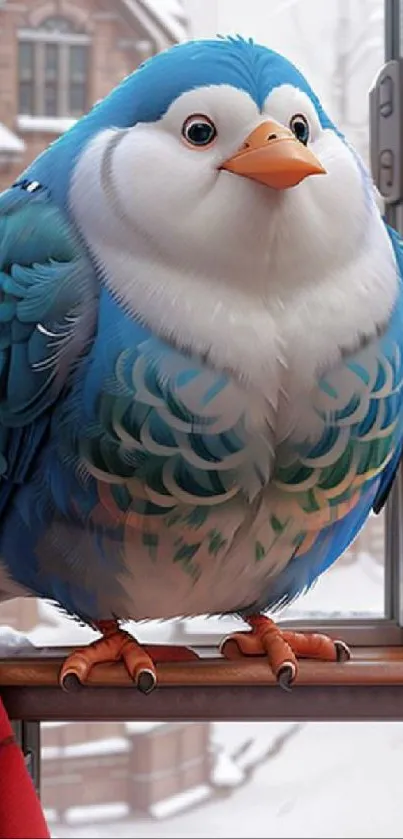 Cute blue cartoon bird by a window with snow outside.