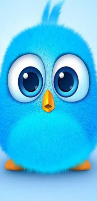 Cute fluffy blue bird with big eyes and a yellow beak on a light blue background.