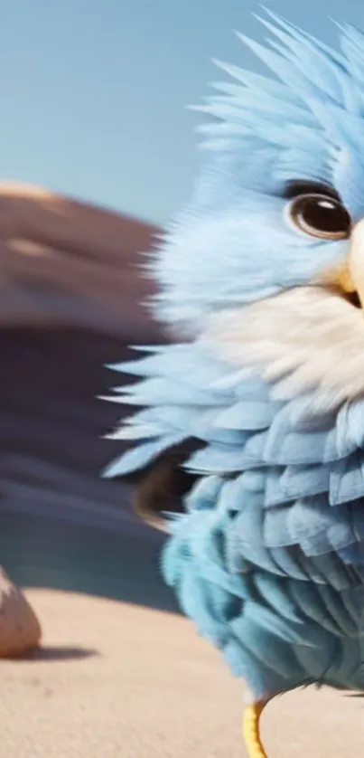 Adorable blue bird on sand with colorful feathers.