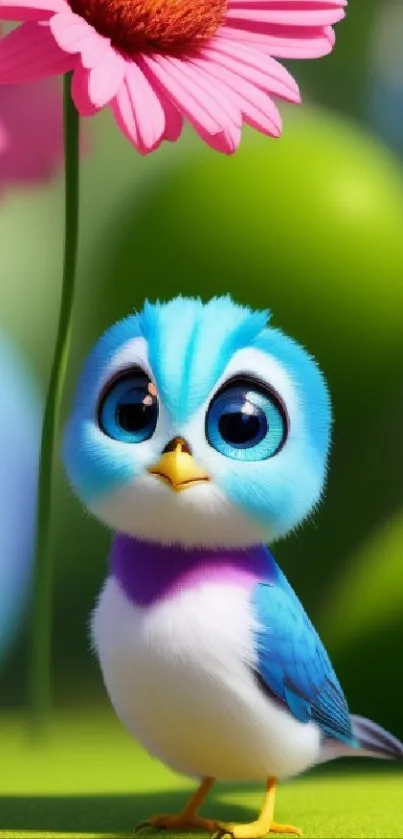 Animated cute blue bird with vibrant flowers.