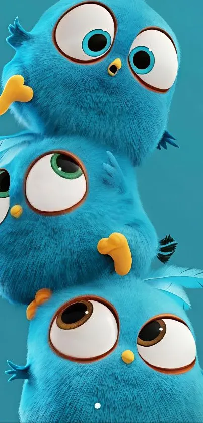 Three cute blue birds stacked playfully on a teal background.