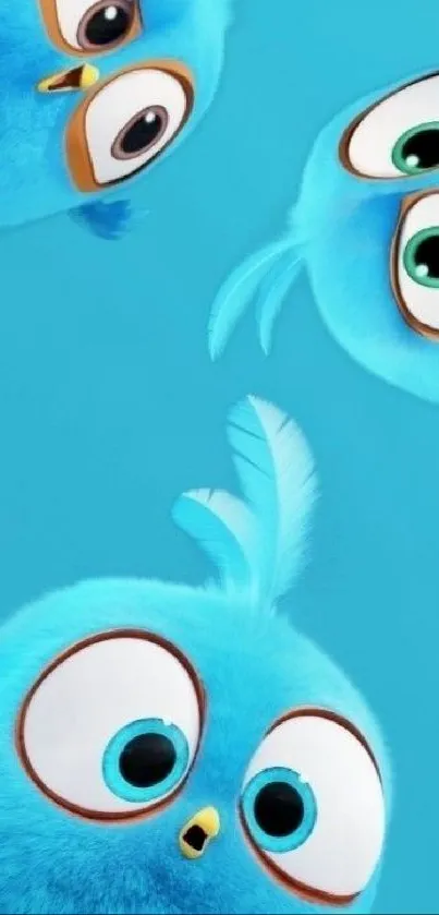 Adorable blue birds with big eyes on a bright blue background.