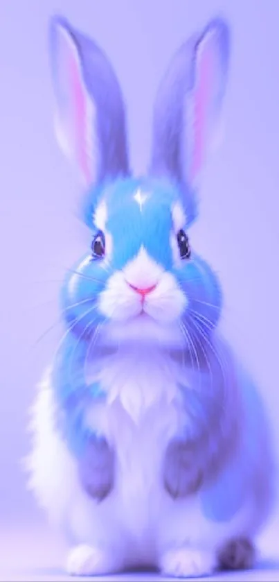 Cute blue bunny with fluffy fur on pastel lavender background.